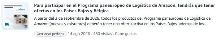 Aviso de Amazon Seller Central del 14 de agosto de 2026 sobre la oferta obligatoria en Países Bajos y Bélgica para el Programa Paneuropeo.