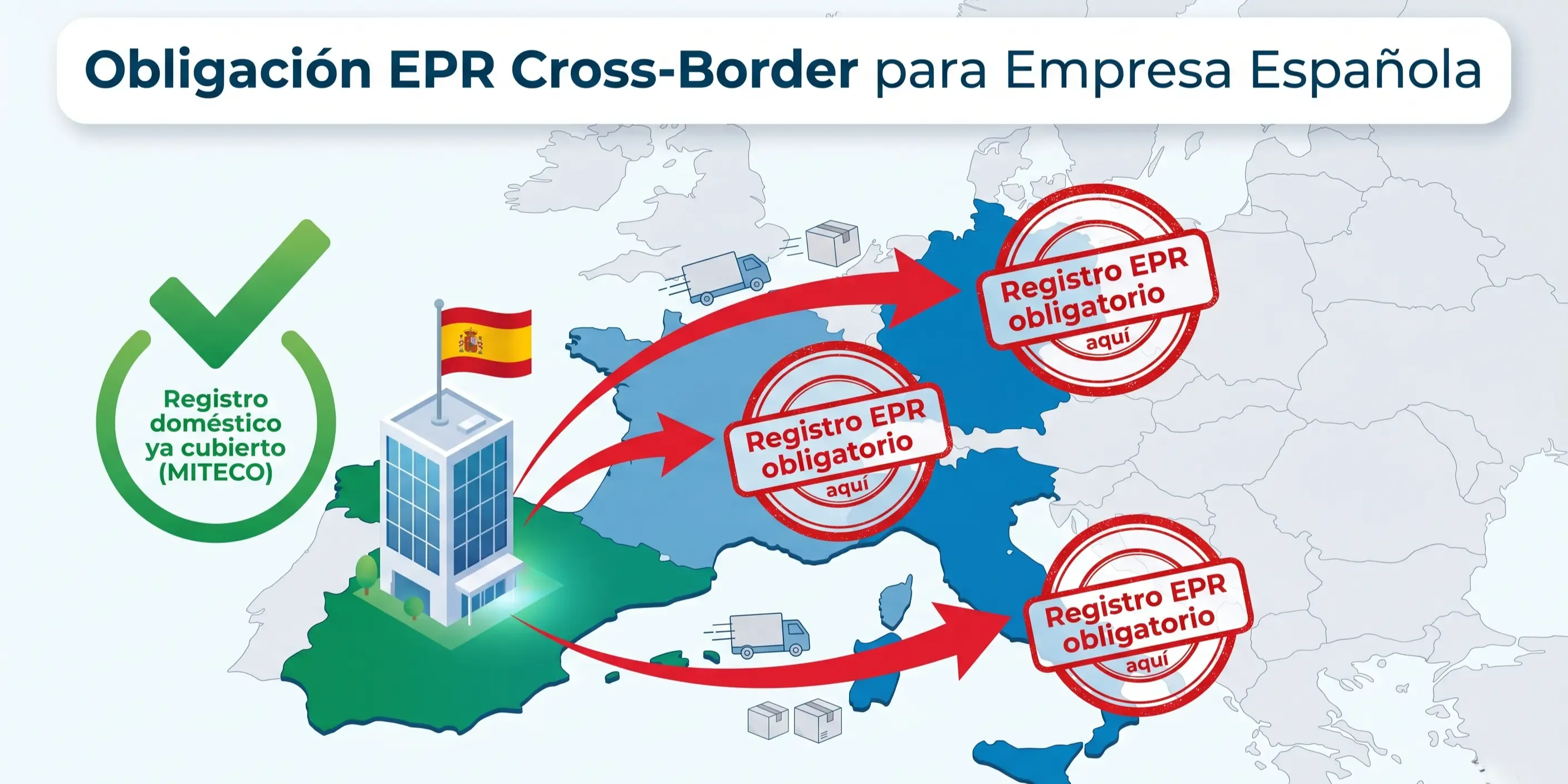Empresa con sede en España que vende en Amazon: la obligación EPR se genera en Alemania, Francia e Italia; España queda cubierta como mercado doméstico.