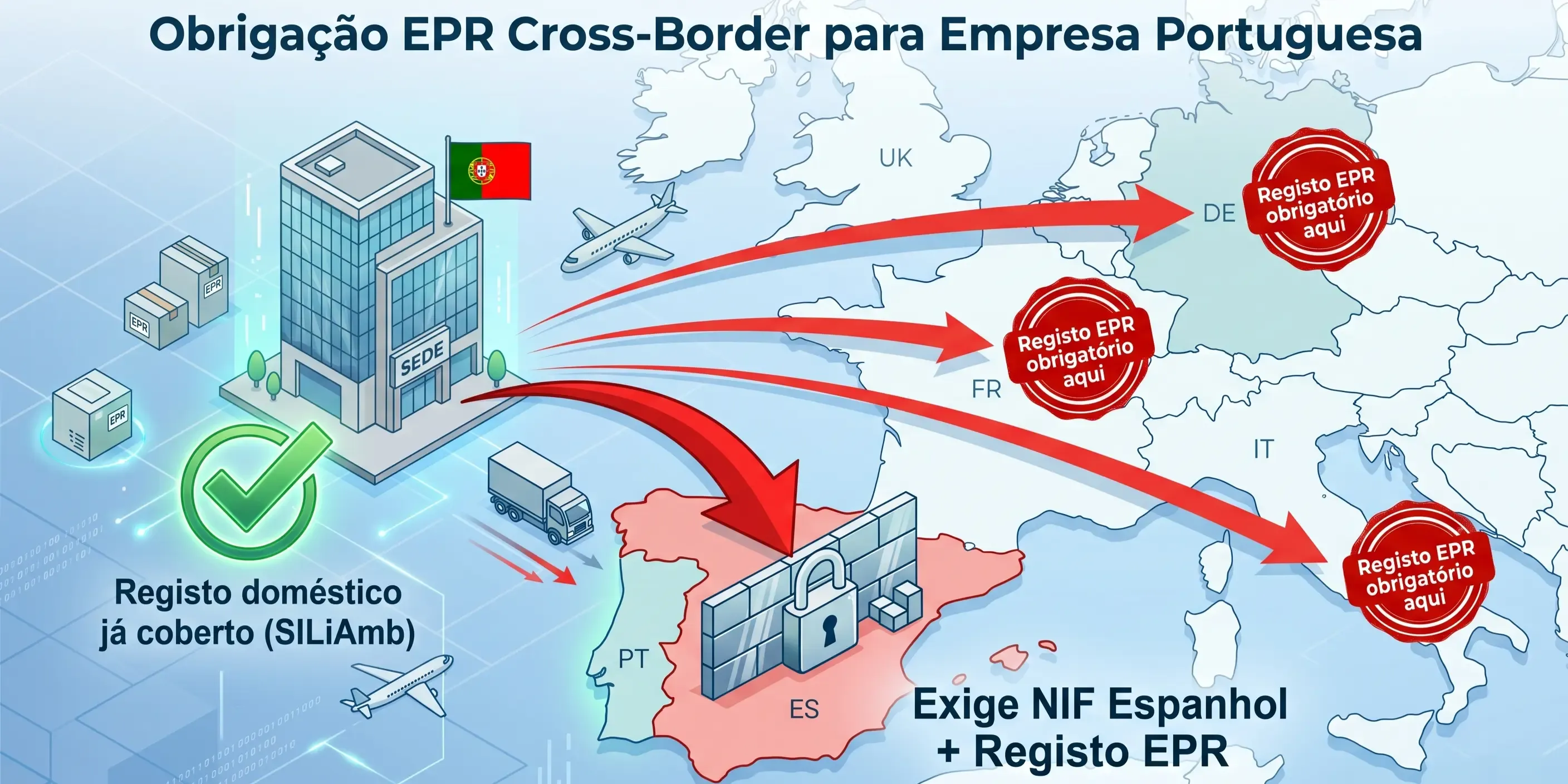 Empresa com sede em Portugal que vende na Amazon: a obrigação EPR gera-se em Espanha, Alemanha, França e Itália, e Espanha exige além disso NIF espanhol.
