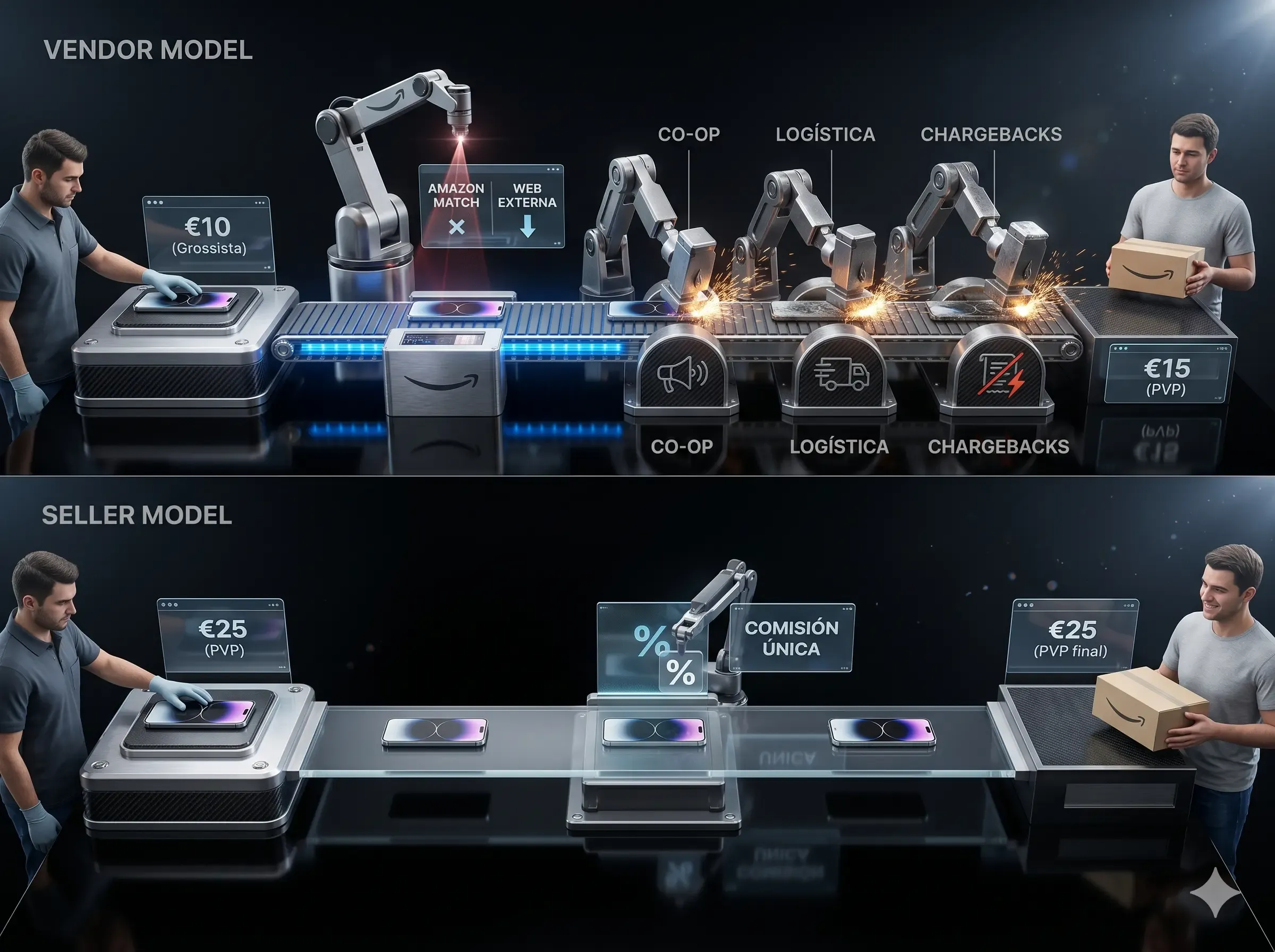 Comparação de quem controla o preço na Amazon: no Vendor o algoritmo iguala o preço mais baixo e as deduções comem a margem, no Seller a marca controla o PVP.