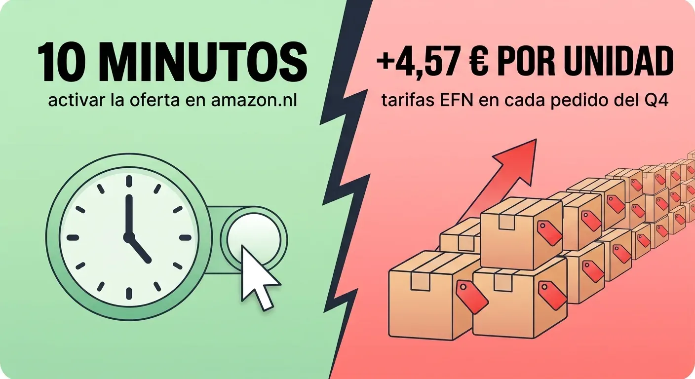 Comparación: activar la oferta en amazon.nl cuesta diez minutos; no hacerlo cuesta 4,57 € más por unidad en tarifas EFN en cada pedido del Q4.