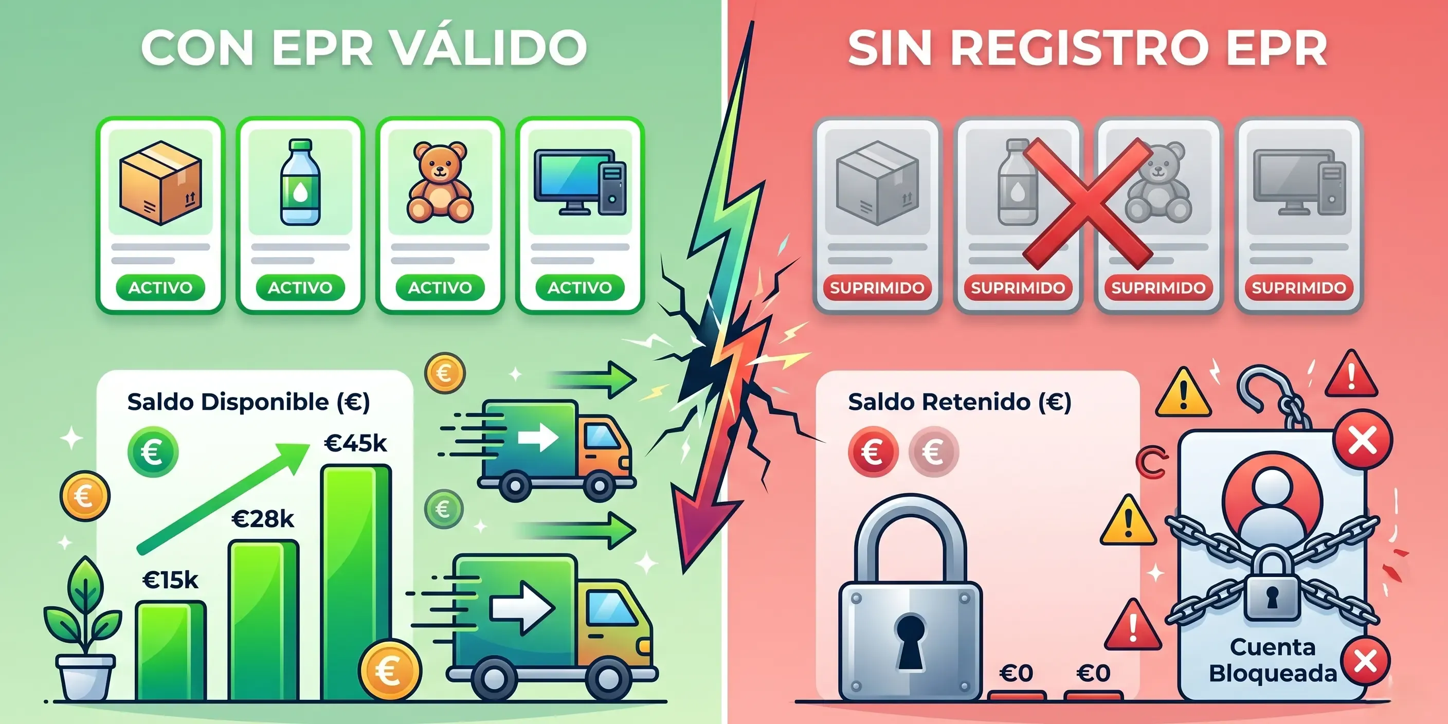 Consecuencia de no cumplir EPR en Amazon: supresión de listings, retención de fondos y bloqueo de cuenta.