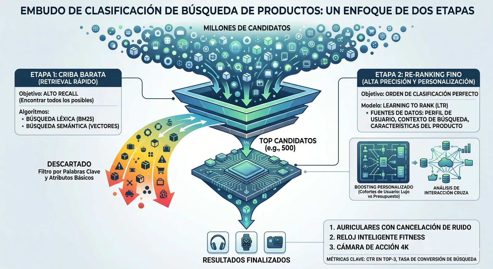 Ranking en cascada de Amazon: una criba barata filtra y luego un re-ranking fino ordena los finalistas.