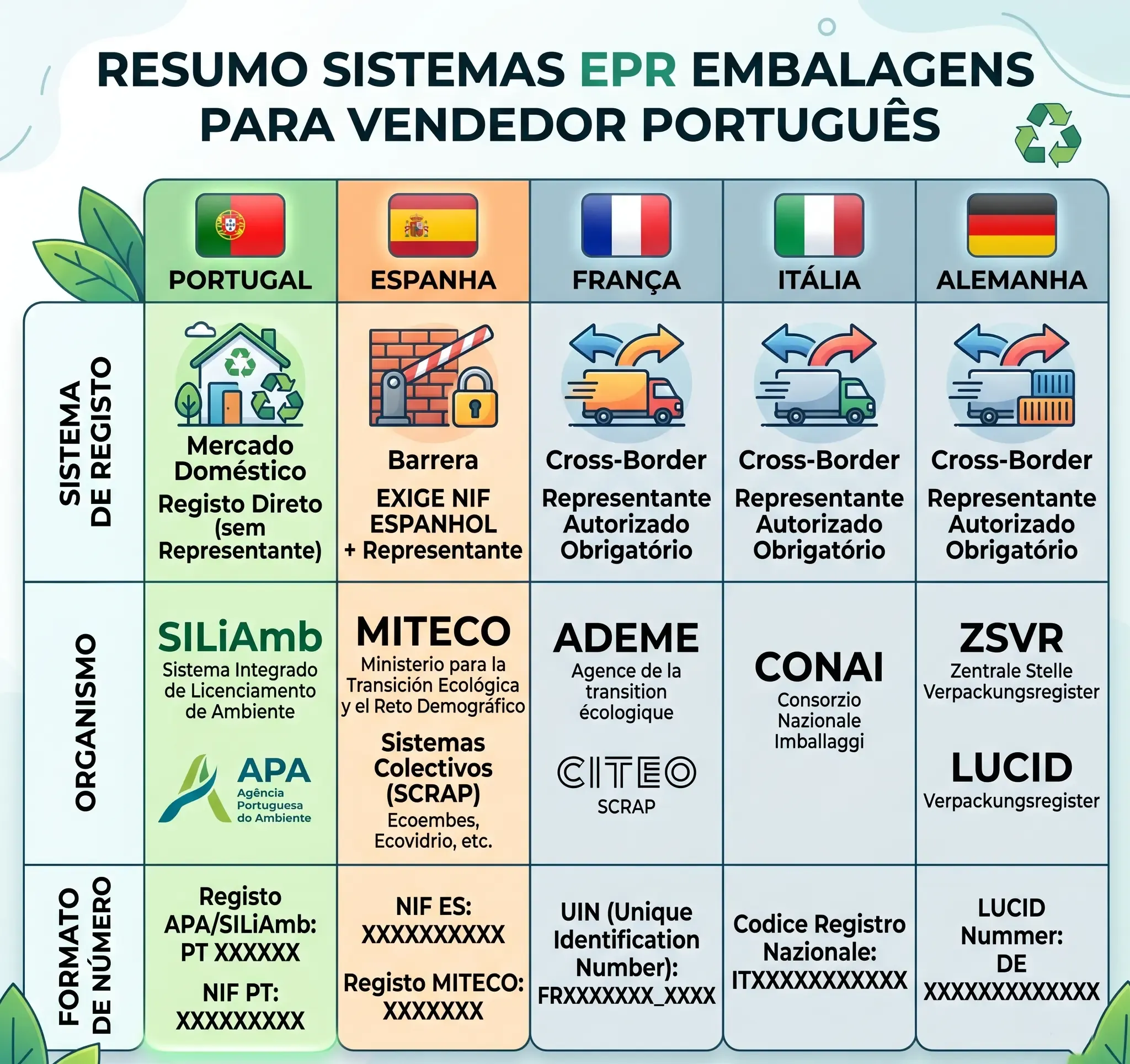 Sistemas de registo EPR de embalagens por país para uma empresa portuguesa na Amazon: SILiAmb em Portugal como mercado doméstico, MITECO com NIF espanhol em Espanha, e UIN em França, CONAI em Itália e LUCID na Alemanha.