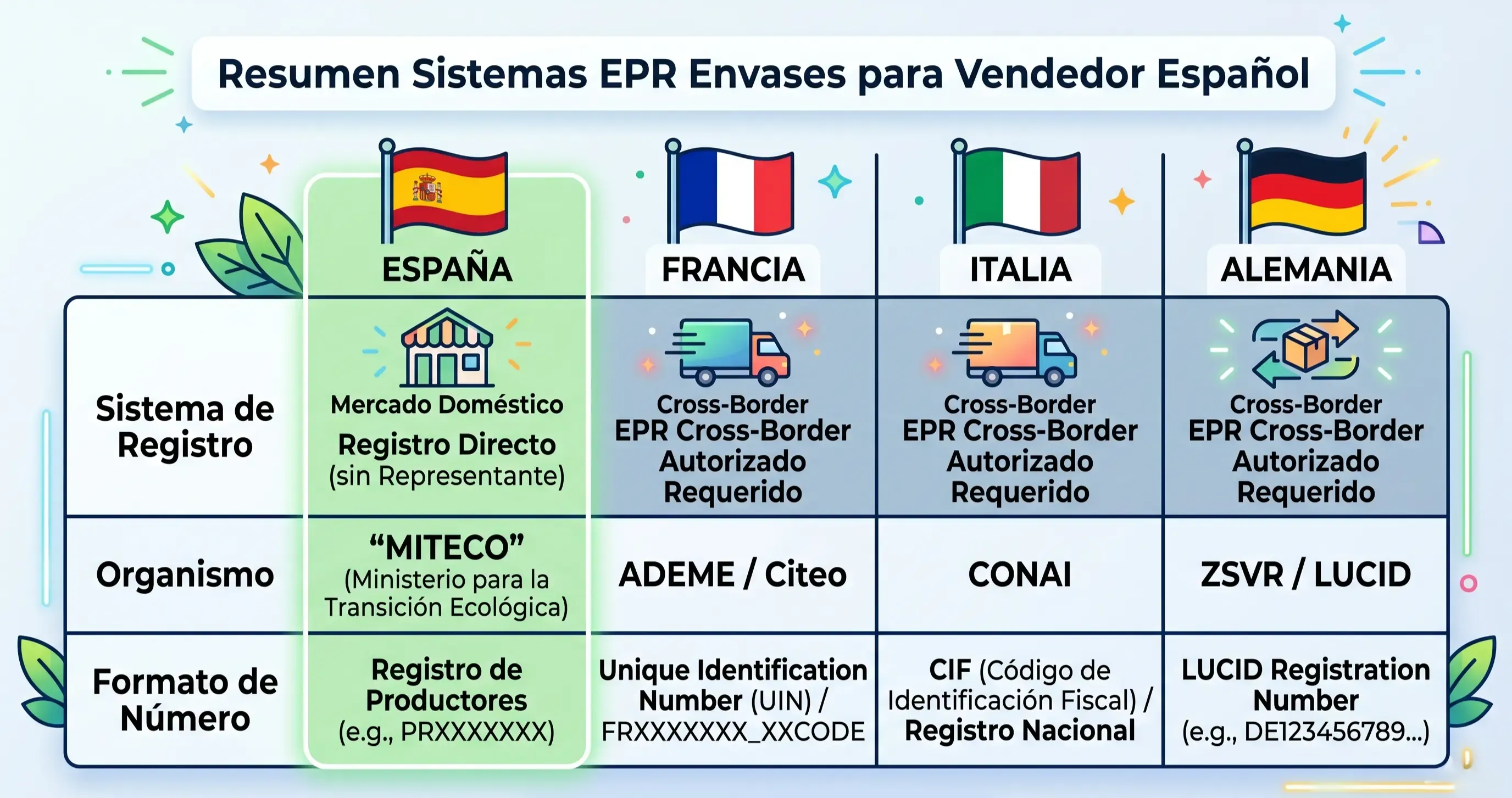 Sistemas de registro EPR de envases por país para una empresa española en Amazon: MITECO/Ecoembes en España como mercado doméstico, frente a UIN en Francia, CONAI en Italia y LUCID en Alemania.