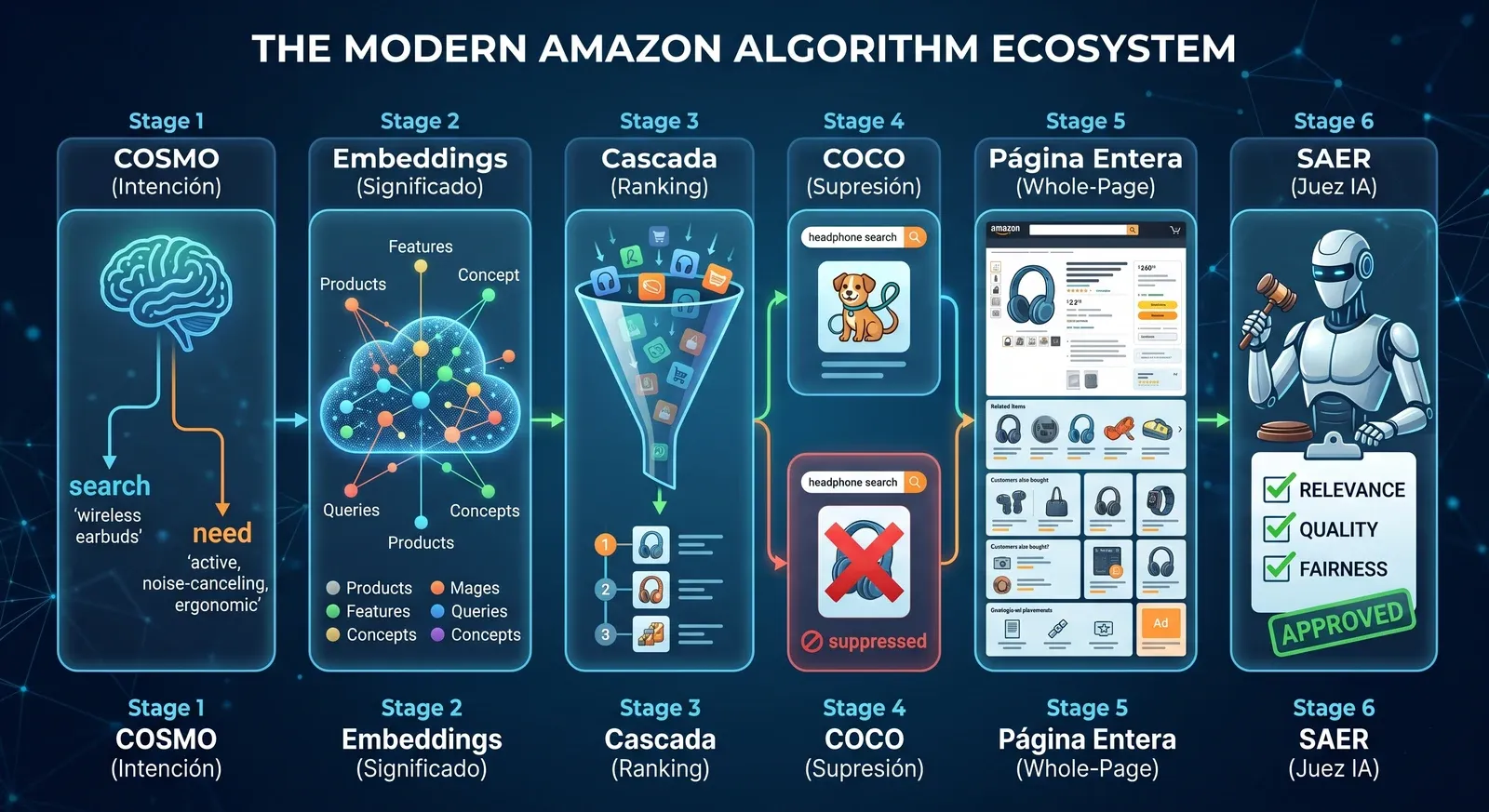 Los seis mecanismos del algoritmo de Amazon que premian la relevancia real y penalizan el keyword stuffing.