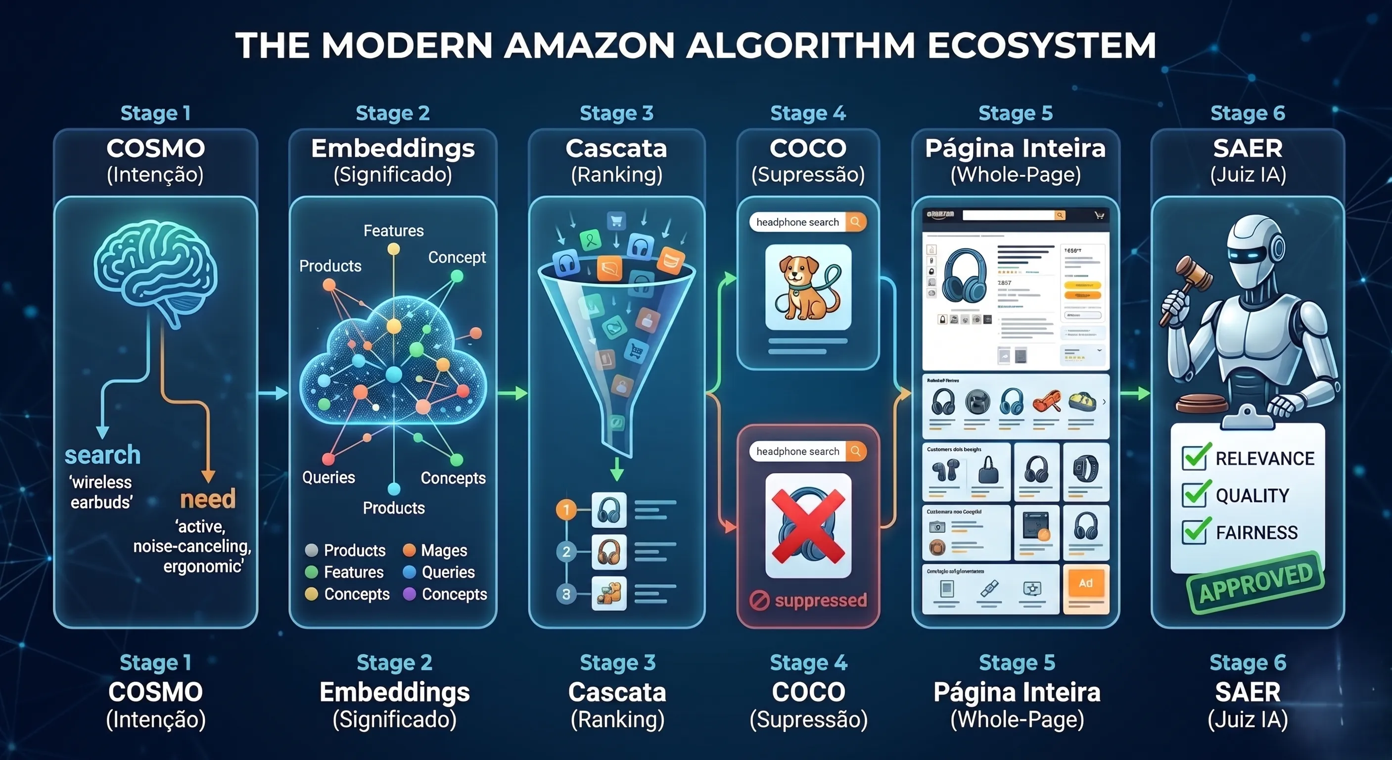 Os seis mecanismos do algoritmo da Amazon que premeiam a relevância real e penalizam o keyword stuffing.
