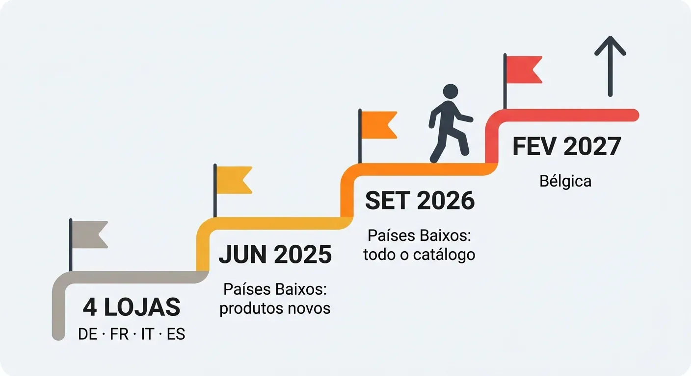 Linha temporal dos requisitos do programa Pan-Europeu: quatro lojas, Países Baixos para produtos novos em junho de 2025, todo o catálogo em setembro de 2026 e a Bélgica em fevereiro de 2027.