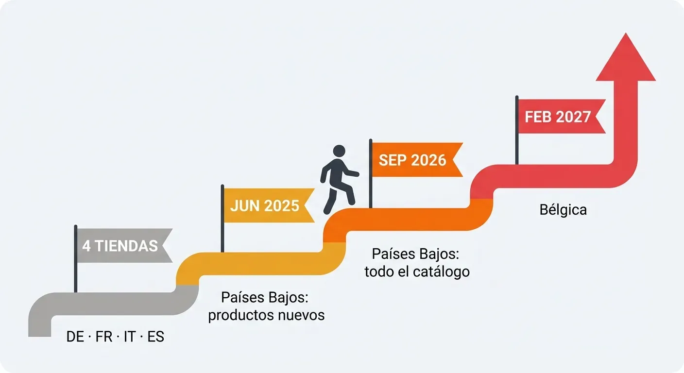 Línea temporal de los requisitos del programa Paneuropeo: cuatro tiendas, Países Bajos para productos nuevos en junio de 2025, todo el catálogo en septiembre de 2026 y Bélgica en febrero de 2027.