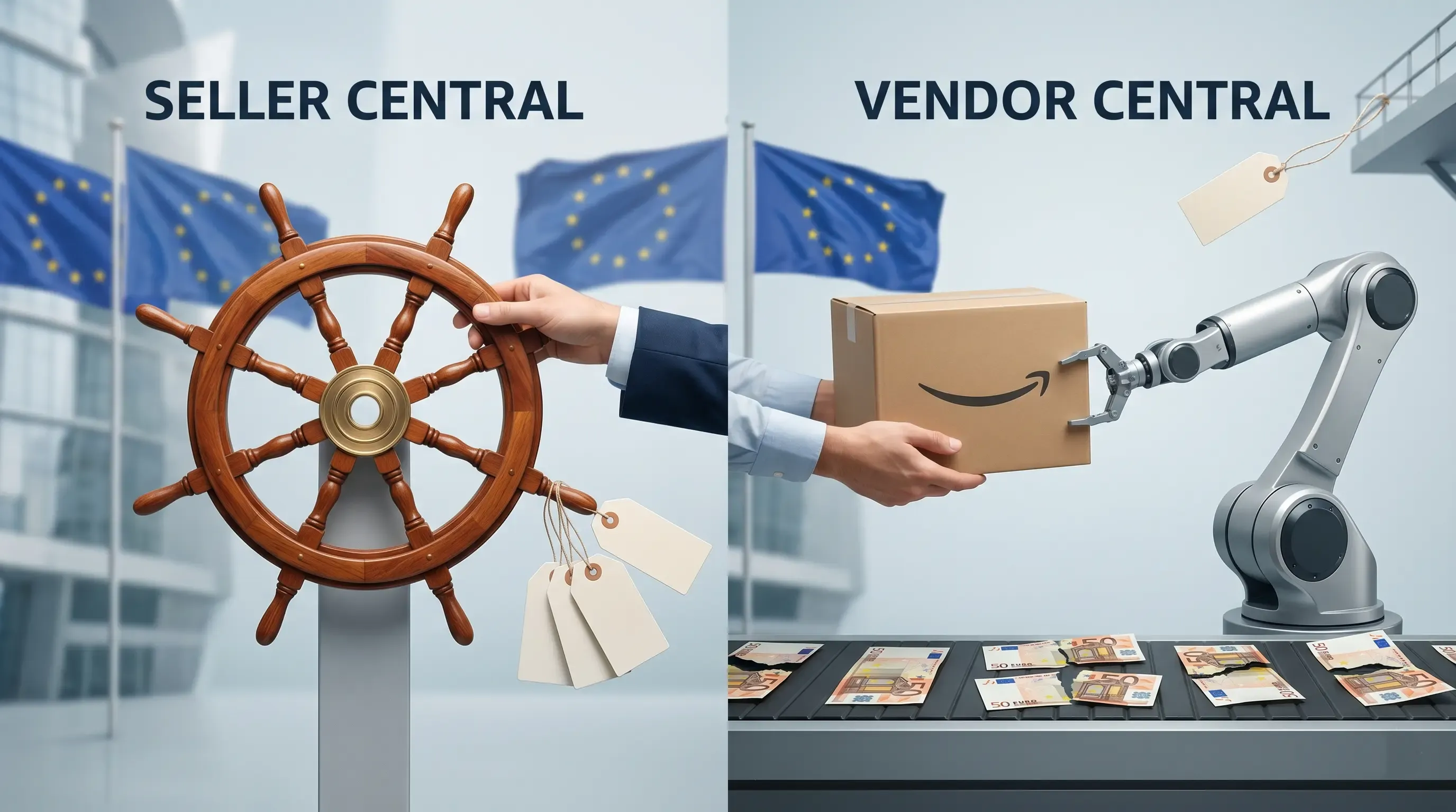 Amazon Seller vs Vendor: no Seller a marca controla o preço e a margem; no Vendor cede esse controlo à Amazon.