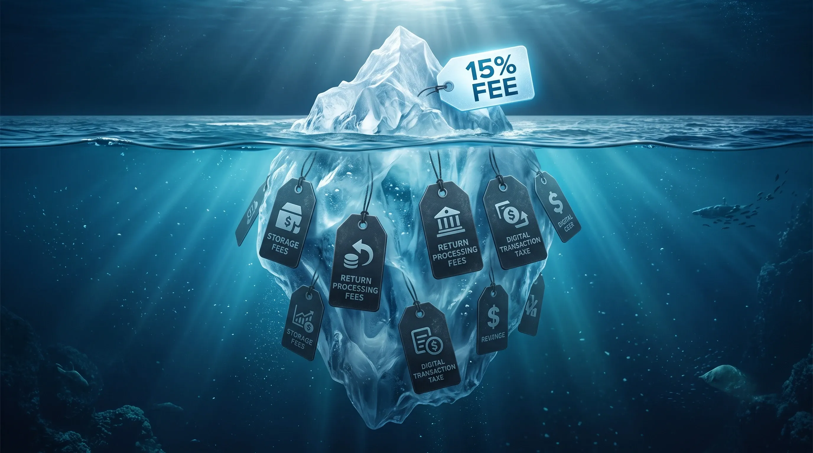 A comissão visível é a ponta do icebergue; as taxas periféricas que decidem a margem ficam submersas.